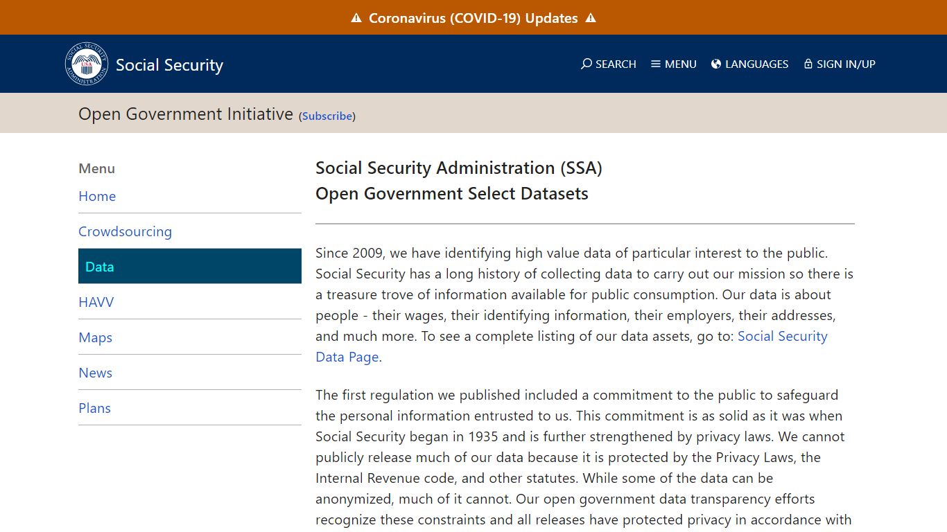 SSA Open Data Public Datasets